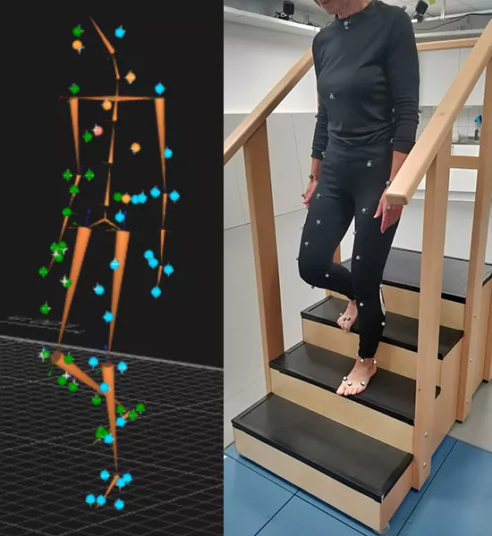 Human body walking down a stair case. Photo and computer illustration.